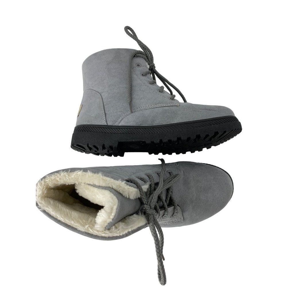 Womens SQL 9 Booties Boots Gray Faux Suede Lace Up Ankle Treaded Fur Lined 4037